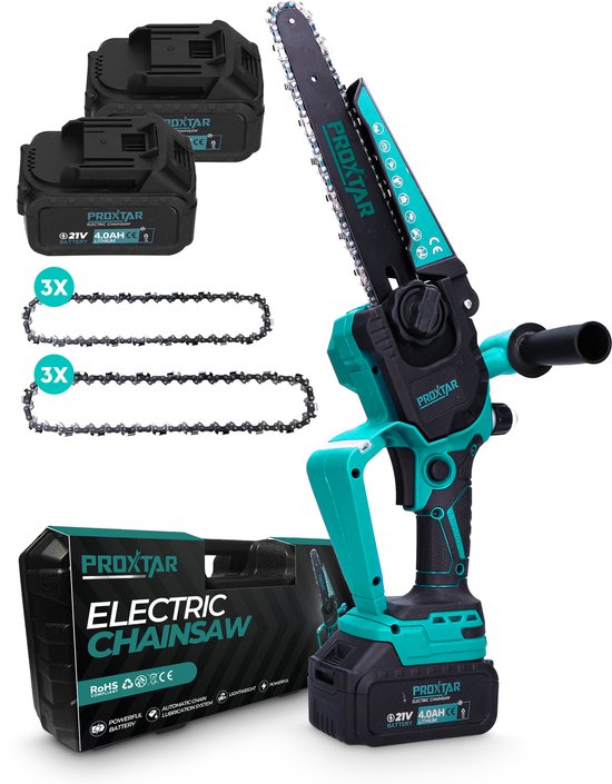 Mini tronçonneuse ProXtar – Tronçonneuse – Scie d'élagage – Scie à branches – Scie à main – Guide-chaîne de 6 et 8 pouces – 2 batteries de 4 000 mAh – Coffret de rangement et 6 Colliers inclus – Lubrification automatique de la chaîne – Sans balais