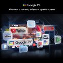 Een CHiQ TV met de "Google TV" interface en diverse app-logo's zoals "YouTube", "Netflix" en "Prime Video".