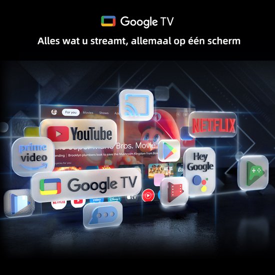 Een CHiQ TV met de "Google TV" interface en diverse app-logo's zoals "YouTube", "Netflix" en "Prime Video".