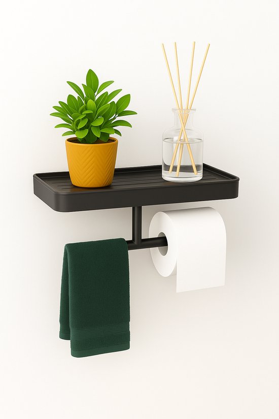 Zwarte wc-rolhouder met planchet, met een groene handdoek en een rol wc-papier.