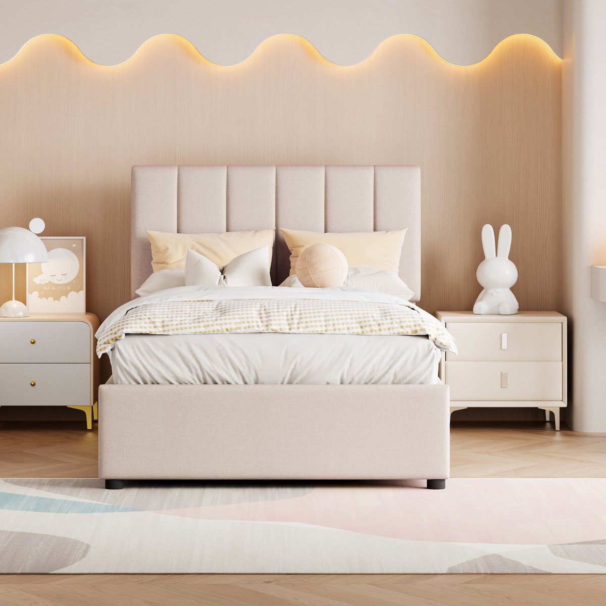 Kinderbed gestoffeerd bed 90x200 cm met opbergruimte - eenpersoonsbed - hoge bedstee - beige - zonder matras