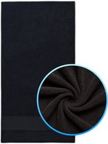 Donkergrijze handdoek van zacht katoen, met detailfoto van de stof.