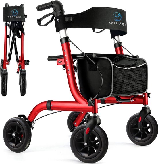 Safe Age® Rollator lichtgewicht en opvouwbaar - Rubberen wielen - zitfunctie - voor binnen en buiten - Rugleuning en wandelstok houder - Rood