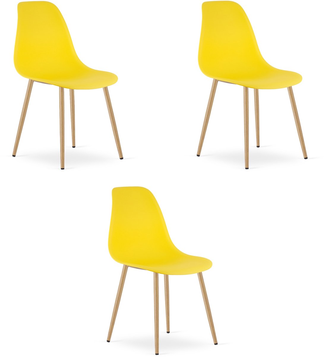 Set van 3 Stoelen WAT – Geel, Houtlook Metalen Poten, Kunststof Zitting – Modern en Ergonomisch – Geschikt voor Eetkamer, Woonkamer, Keuken, Thuiswerkplek, Kantine en Wachtruimte – Eenvoudige Montage