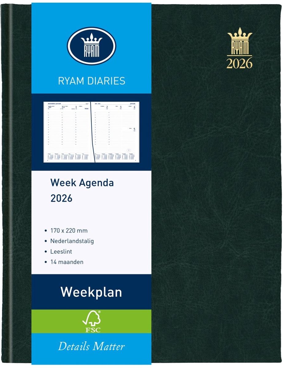 Ryam Weekplan Wit NL Mundior - Agenda 2026 - A5 - Zwart - Week op 2 pagina's - Hardcover