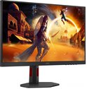 Zwart AOC gaming monitor met een beeld van een fantasy game, rode accenten op de standaard.