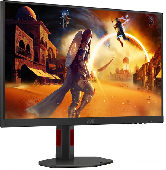 Zwart AOC gaming monitor met een beeld van een fantasy game, rode accenten op de standaard.