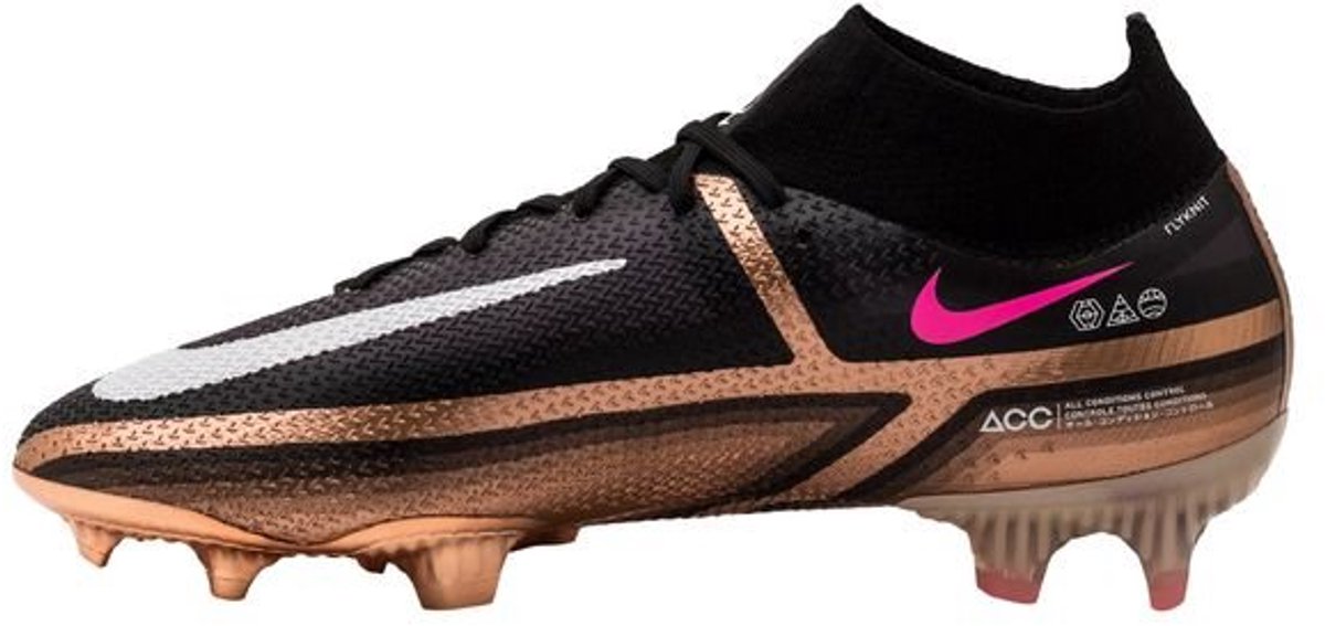 Nike Phantom GT2 DF Elite FG Qatar voetbalschoenen in maat 41, zwart met gouden en roze accenten, asymmetrische vetersluit...