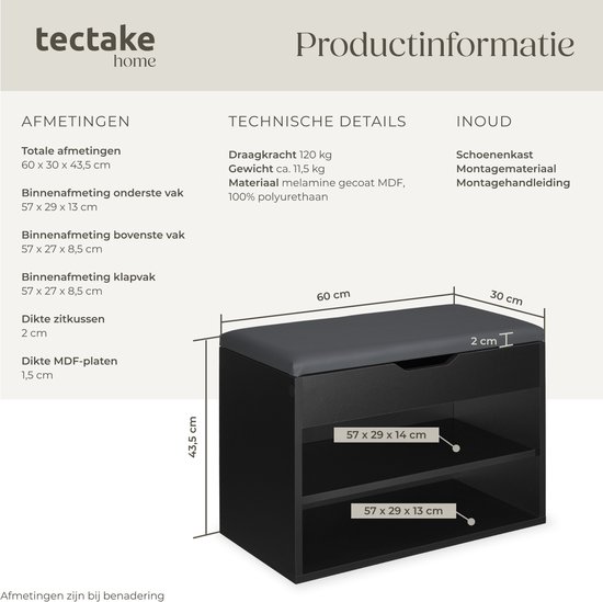 tectake® Schoenenbank met zitje - 3 open vakken en een opklapbaar vak met zitkussen