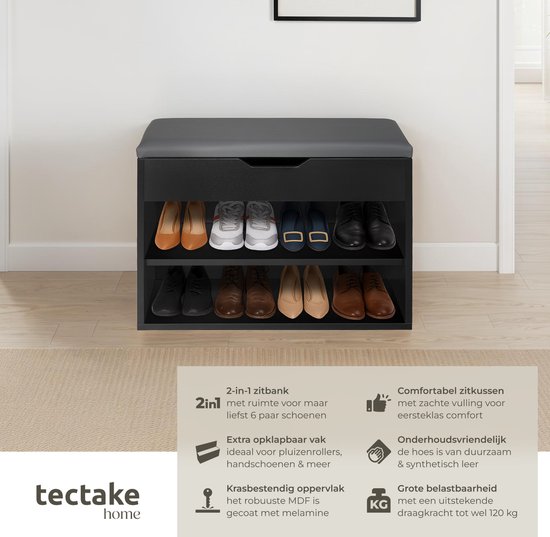 tectake® Schoenenkast met bank voor 10 paar schoenen - Incl. zitkussen met afneembare hoes - 103,5 x 48 x 30 cm - Diverse kleuren - Wit/zwart