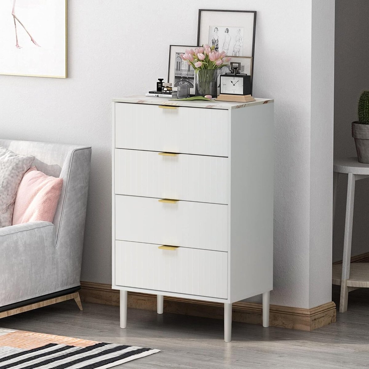UEV Ladekast, Opbergmeubel met 4 lades, Marmerkleurig plafond, Scandinavisch, Ladekast voor volwassenen, 60 x 34 x 94 cm, Slaapkamermeubilair, Woonkamer, Kantoor, Wit (Marmerplafond)