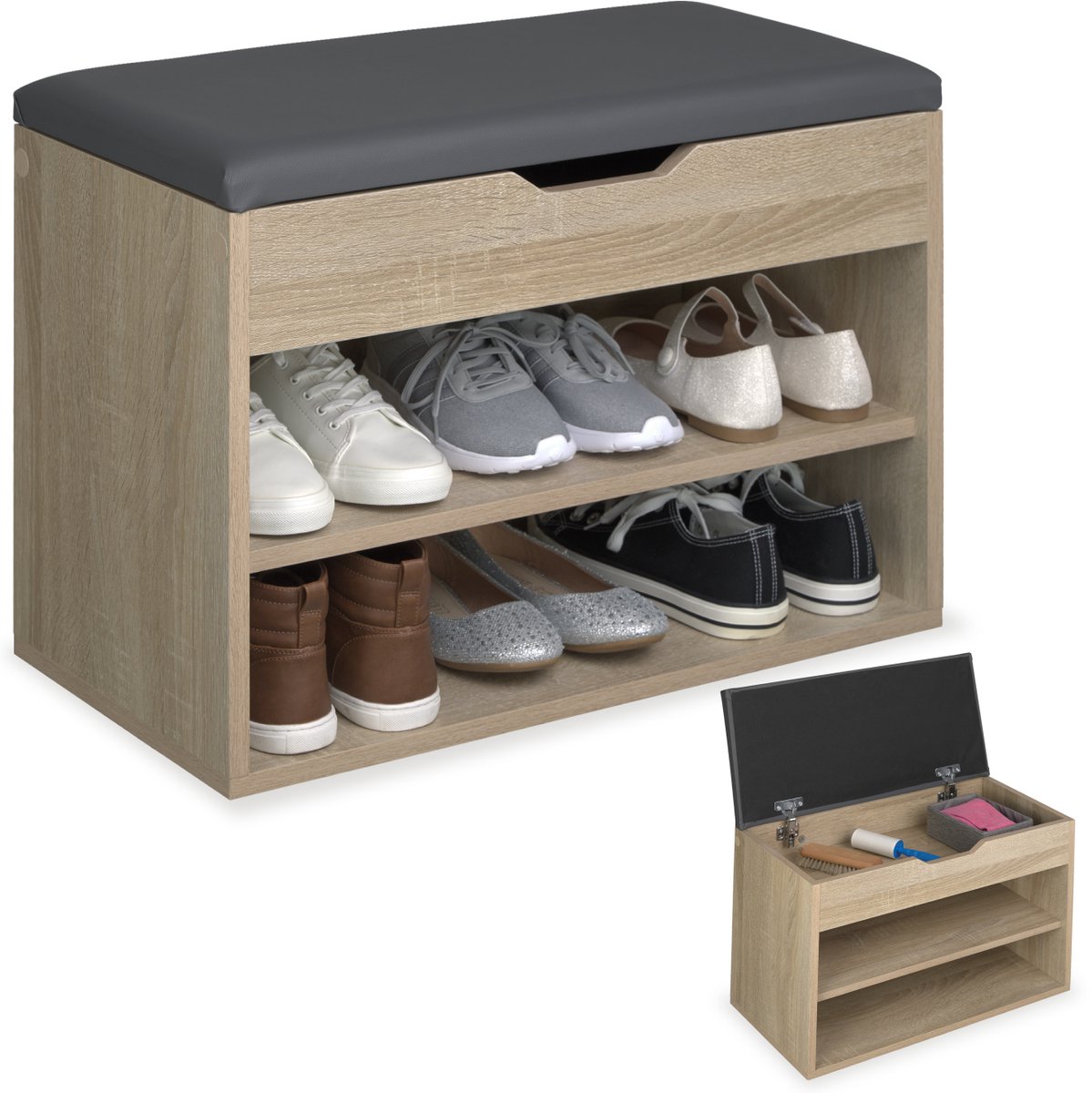 tectake® Multifunctionele schoenenkast met bank - Schoenenbank - Schoenenrek - Garderobekast en zitkussenbank met opbergruimte - Ladekast voor de gang - Maximale belasting 120 kg - Afmeting (BxHxD): 60 x 43,5 x 30 cm - Bruin