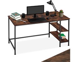 tectake® Bureau - Computerbureau met 2 planken - Bureautafel van hout en metaal - Industrieel design - Zwart metalen frame - Draagkracht bureaublad 200 kg en per plank 25 kg - Afmetingen (LxBxH) 140 x 60 x 76,5 cm - Donkerbruin