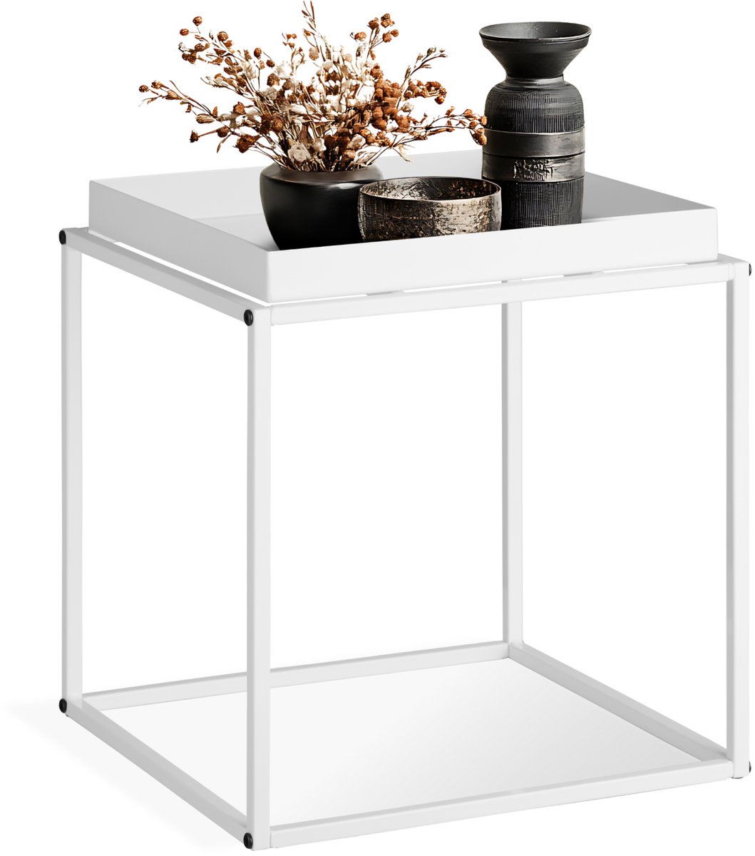 tectake® Bijzettafel van Metaal - Vierkant, Stapelbaar, Plank met Hoge Rand - Dienbladtafel in Retro-Look - 40 x 40 x 44 cm - (Wit | Nr. 404183)