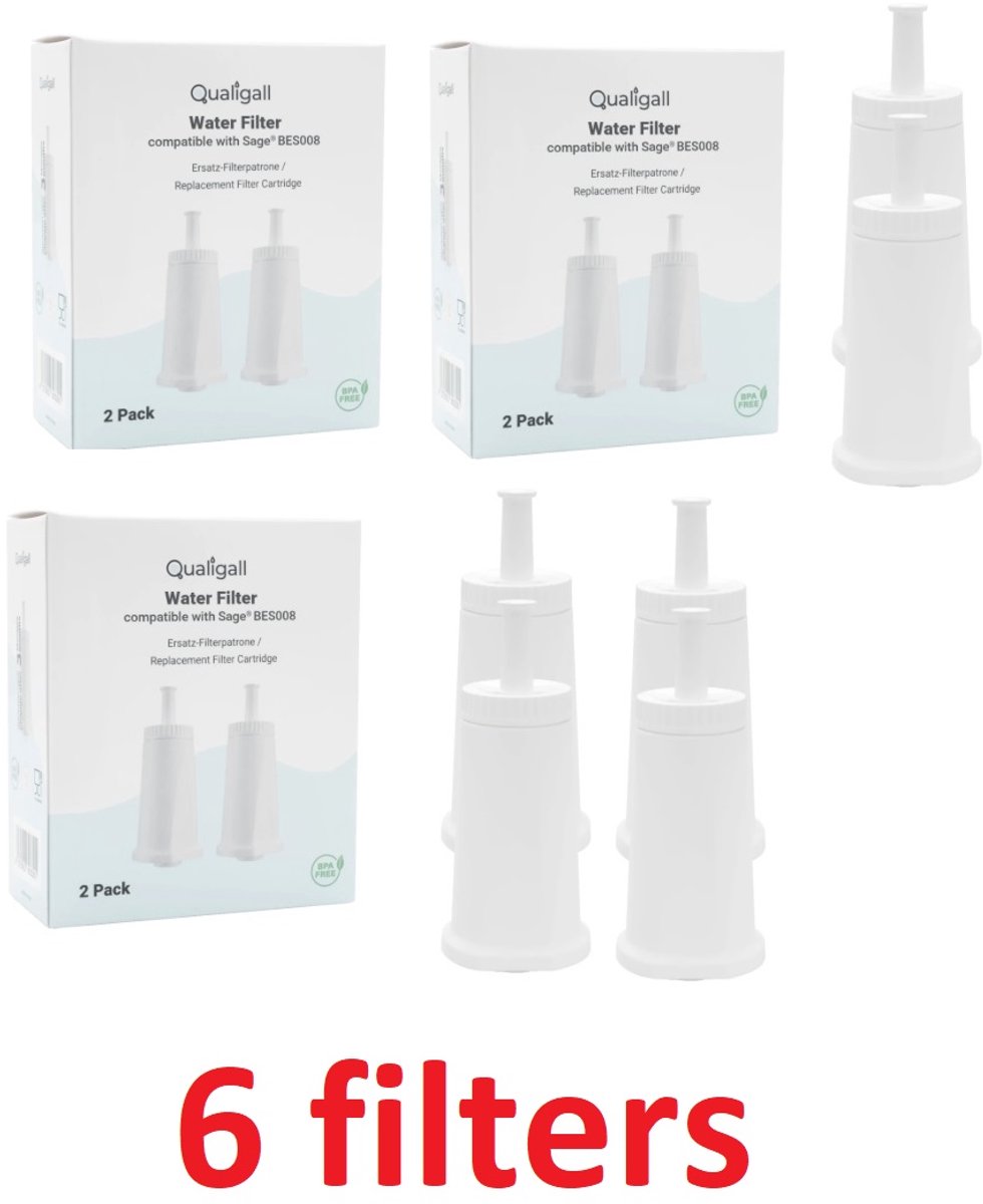 6x Qualigall waterfilter compatibel met SAGE : Bambino / Bambino Plus / Barista / Barista Impress / Barista Pro / Barista Touch / Barista Touch Impress / Dual Boiler / Duo Temp Pro / Dynamic Duo / Oracle / Oracle Touch / Precision Brewer / SES008
