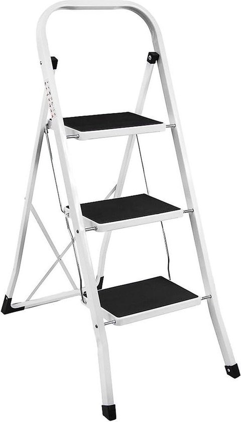 Huishoudtrap Keukentrap - 3 Treden - Metalen Huishoudladder Inklapbaar - Trapladder Opvouwbaar - Anti-Slip