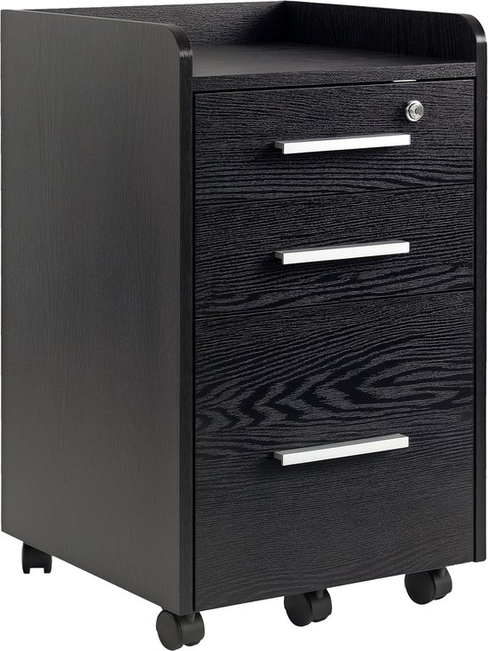 Zwarte houten archiefkast met 3 lades en metalen handgrepen, op zwenkwieltjes.