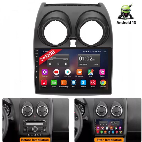 9-inch Android 13-inch autoradio met GPS-navigatie 2+32G voor Qashqai J10 2007-2016, ingebouwde draadloze verbinding voor CarPlay, Android Auto, GPS-navigatie, Bluetooth, WiFi, RDS/FM-radio en achteruitrijcamera.