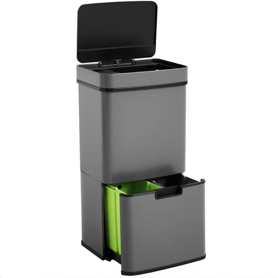 Homra Nexo Prullenbak Afvalscheiding 72 Liter - Grijze Sensor Prullenbak 3 vakken - 2x12L + 48L - Recycle Afvalbak - Vuilnisbak voor huishouden en kantoor - Vuilbak keuken Afvalemmer - Afvalscheidingsprullenbakken - Automatische Soft Close Deksel