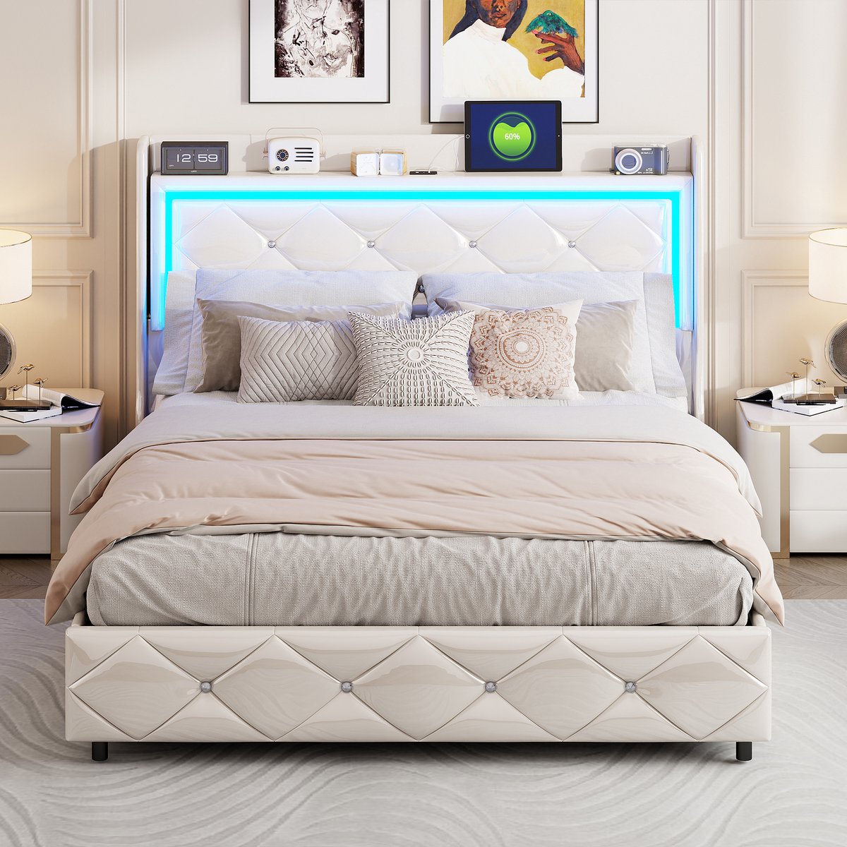 Hydraulisch Tweepersoonsbed 140x200cm, Wit PU, LED-verlichting, USB & Type-C, Lattenbodem, Opbergbed