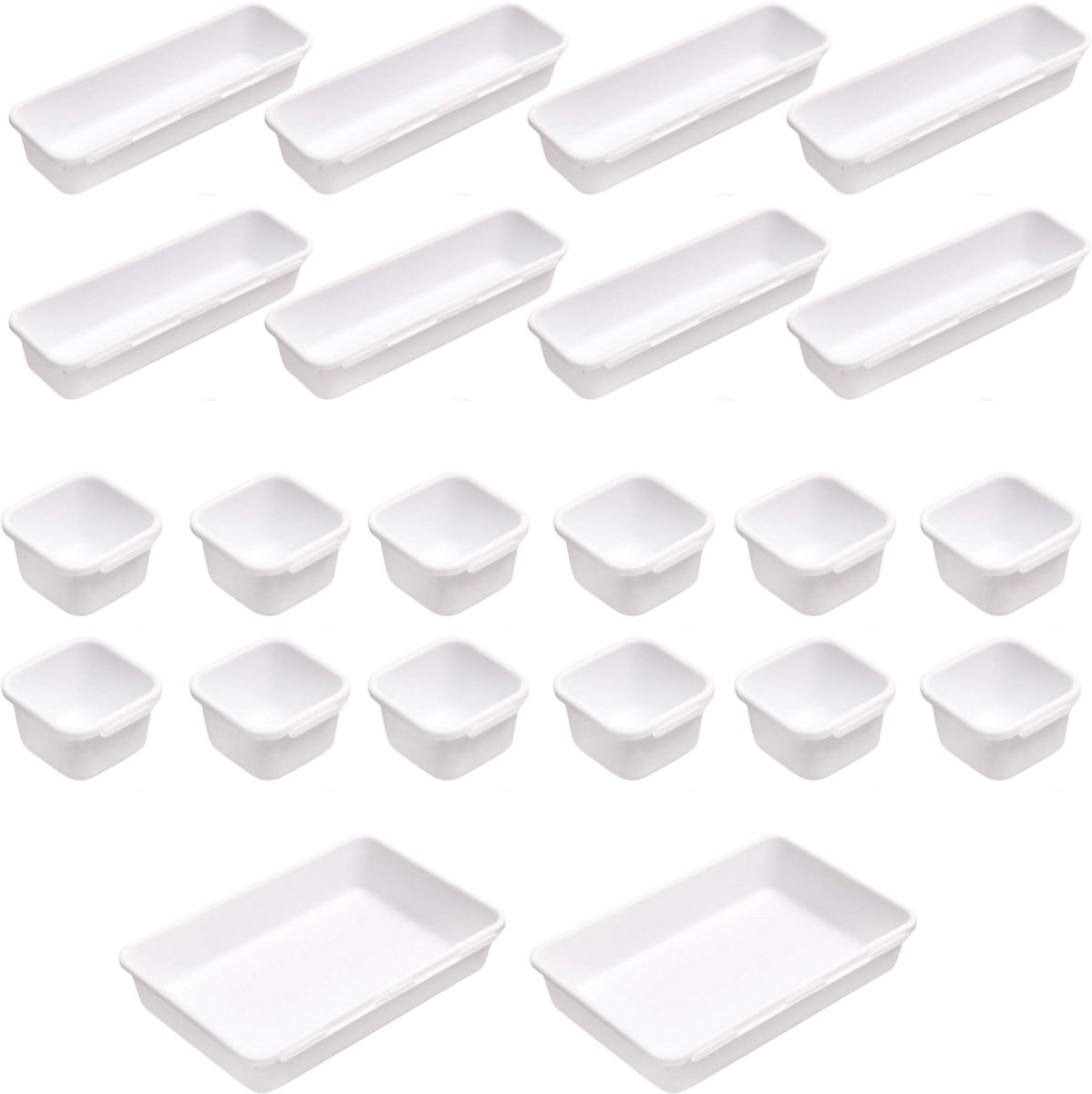 JustValue Lade Organizer Set - 22-Delig - Opbergbakjes - Lade Bakjes - Make Up Organizer - Antislip en Stapelbaar - Kunststof Lade Verdelers - Keuken - Bureau - Badkamer - Wit