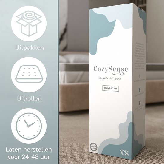 Emballage du surmatelas CozySense CubeTech 160x200 cm avec instructions : déballer, dérouler, laisser récupérer.