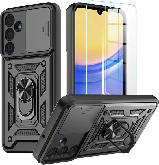 Coque + Glas pour Samsung Galaxy A17 5G - Zwart - Coque arrière hybride antichoc Casemania et 1 protection d'écran en Verres trempé - Coque Extra résistante avec Ring de support et Protection d'appareil photo