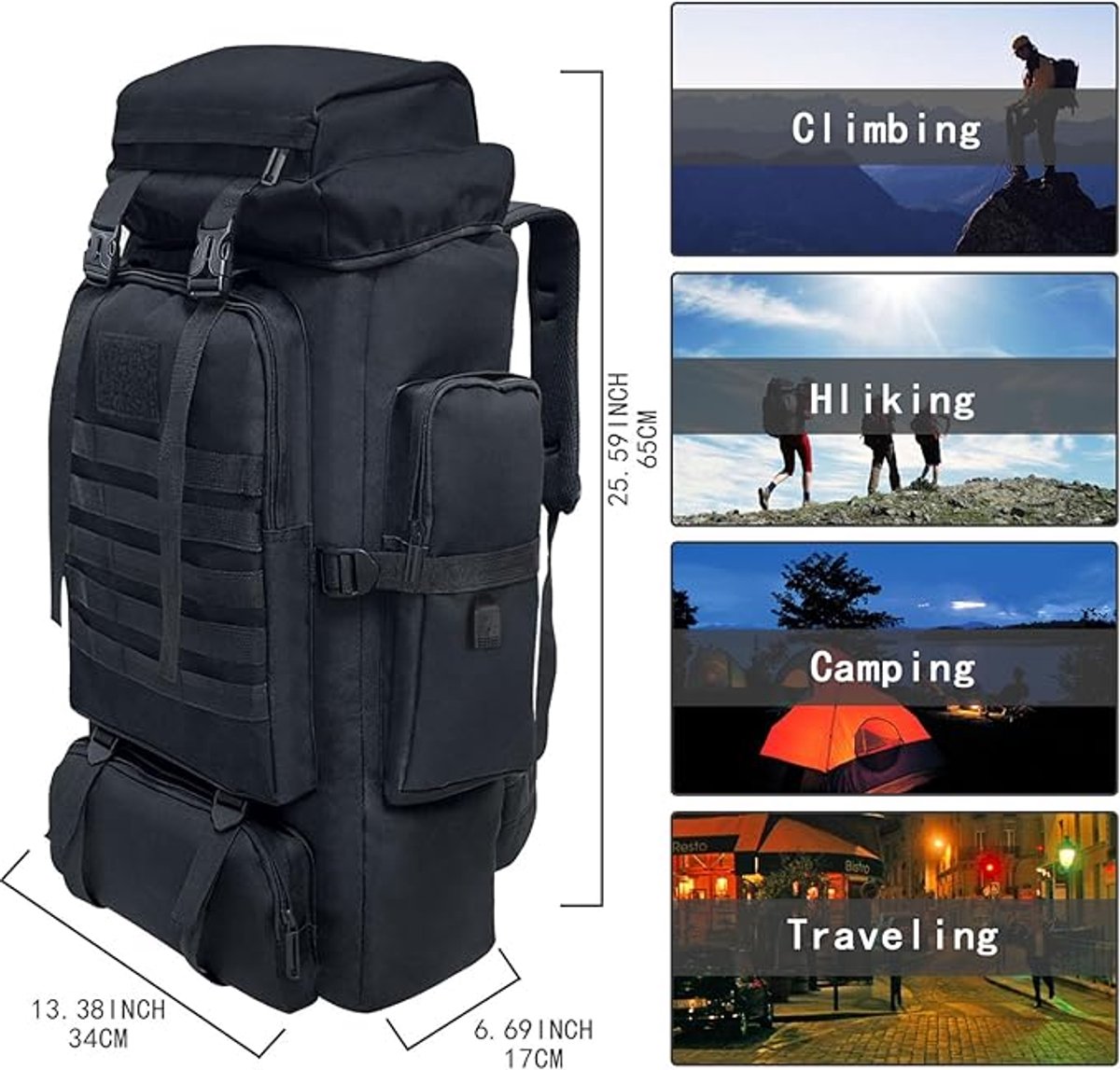 Vaupan Wandelen Rugzak, 80l Camping Rugzak, Waterdichte Grote Outdoor Sport Reizen Daypack Molle rugzak voor Mannen Vrouwen (Zwart