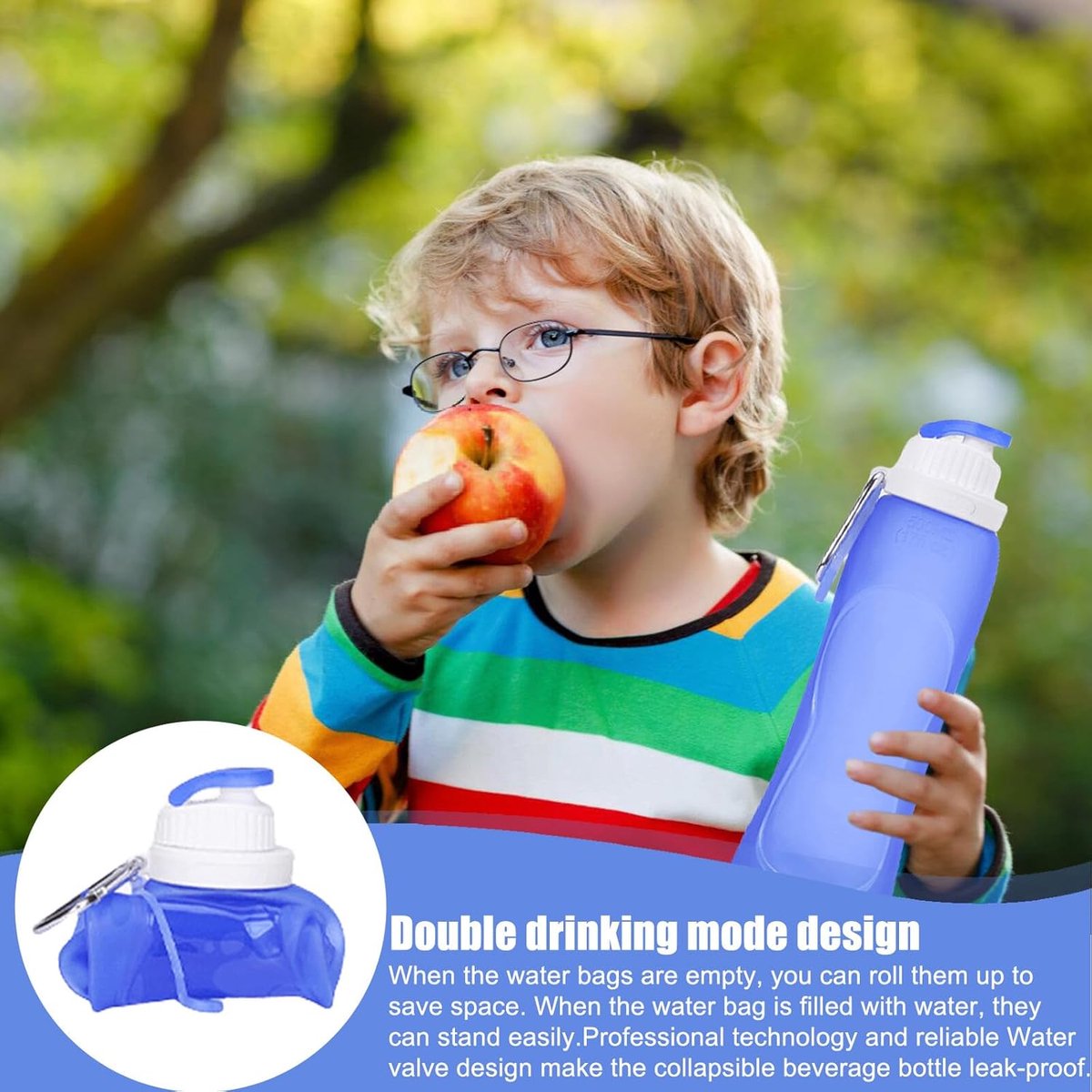 2 Stuks - 500 Ml - Drinkfles - Met Karabijnhaak - Waterzak - Duurzaam - Siliconen - Opvouwbaar - Bpa Vrij - Geschikt Voor Sportschool, Yoga, Hardlopen, Sporten, Fietsen - Blauw, Transparant — cadeau in Sport & Outdoor - foto 2