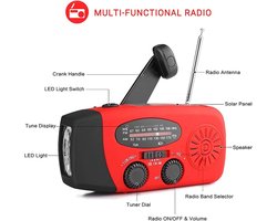 Draagbare noodradio - Powerbank 2000 mAh - Zaklamp - Solar opwindbaar - SOS alarm - USB-C kabel - Noodpakket - Kunststof - rood