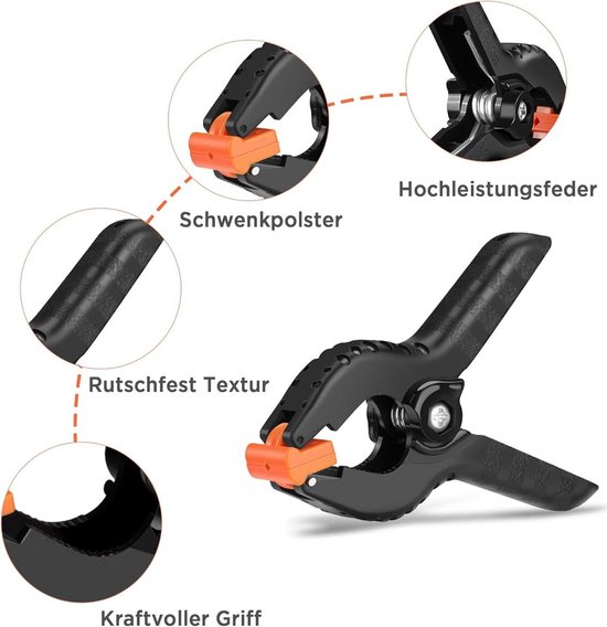 10 Stuks Veerklemmen - Sterke Multifunctionele Klemmen voor Houtbewerking, Fotostudio’s & Zeilen - 3 cm Opening, 6.5 cm Lengte - Oranje/Zwart van Konado — afbeelding 4