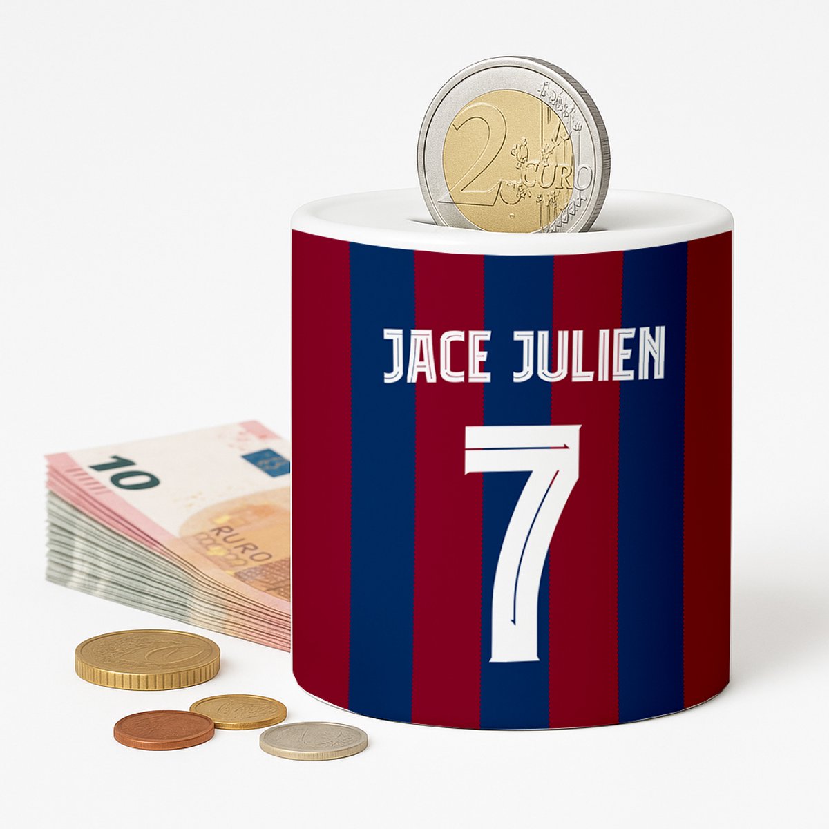 Spaarpot Barcelona Voetbal - Spaarpot met naam gepersonaliseerd - Voetbal Cadeau - Geschenk - Voetbal shirt op spaarpot - Spaarpotten voor volwassenen of kind - jongen of meisje