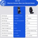 Vergelijkingstabel van massagefuncties en specificaties van het Blue Lion Marula massagekussen.