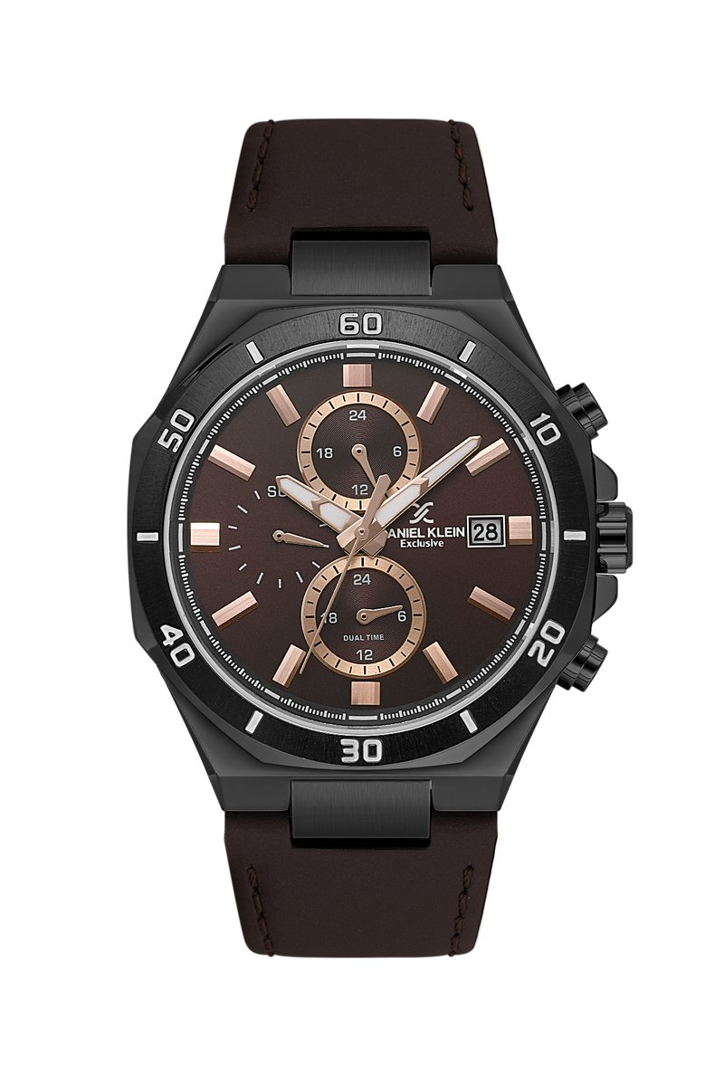 Daniel Klein DK.1.14003-5 - Horloge - Polshorloge - Analoog - Heren- Mannen- Leren band - Metaal - Afegronde achthoek - Streepjes - Dual Time - 12-24 - Datumaanduiding - Bruin - Zwart - Rosékleurig - Wit