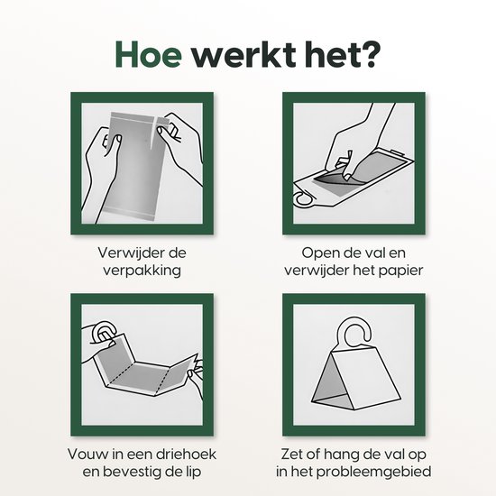 Illustraties van hoe een voedselmottenval te gebruiken: verwijder verpakking, open val, vouw en bevestig, hang op.