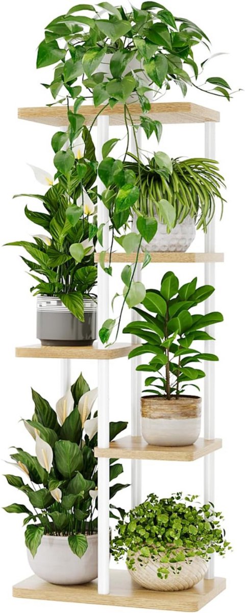 Plantentafel - Plantenstandaard voor Binnen - Plantenzuil - Wit en Bruin
