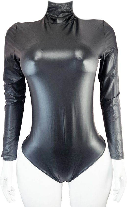Combinaison - Taille unique - Wetlook Zwart brillant manches longues avec col roulé Combinaison body à col roulé