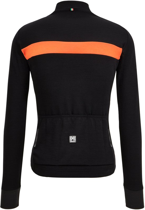 Zwarte Santini wielertrui met lange mouwen, oranje band over de rug, zakken en logo.
