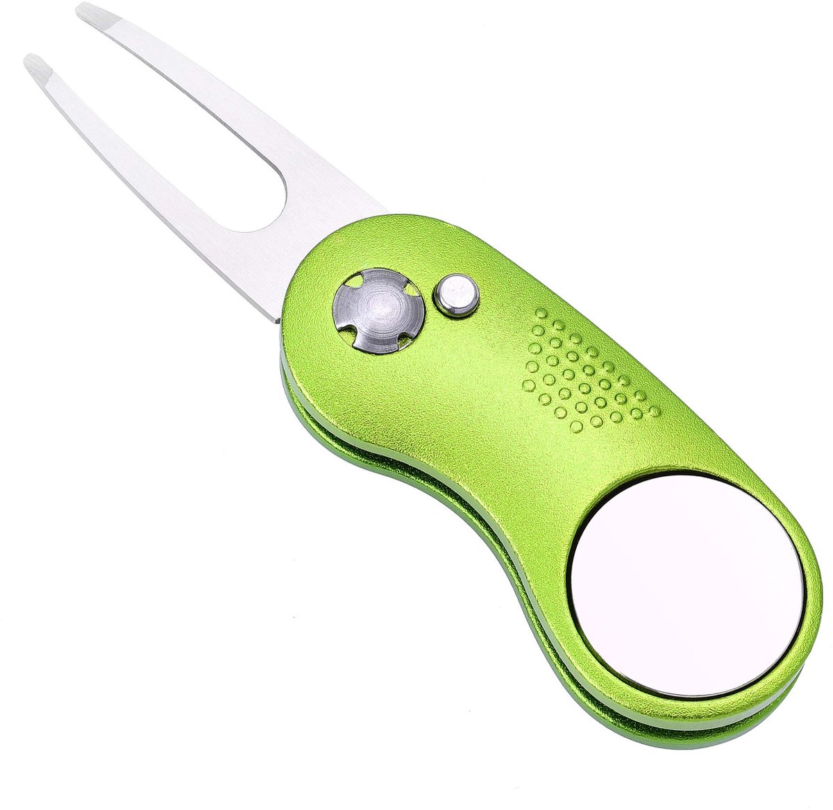 Golfclub-repair tool, volledig metalen opvouwbare ball mark repair tool, met pop-up knop en magnetische ball marker.