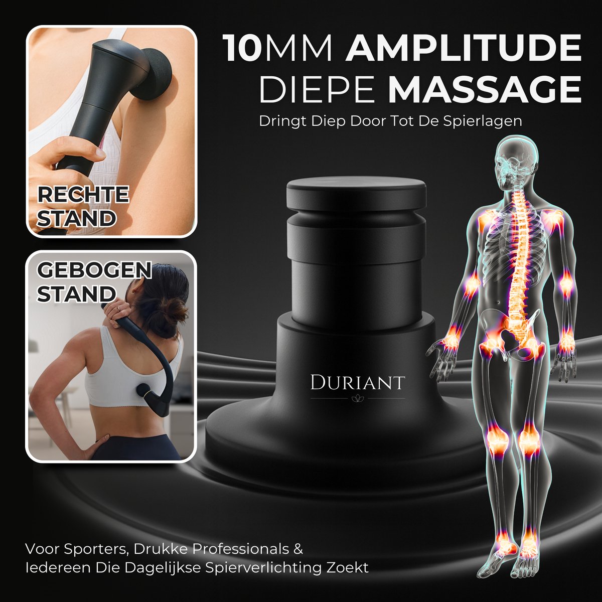 Duriant®- Massage gun professioneel-Unieke 2-in-1 Functionaliteit-Massage gun- Professioneel- Massage pistool- 4 opzetstukken- Ergonomisch Gebogen Design – Spierherstel & Ontspanning-Volledige lichaamsmassage –Overal inzetbaar- Zwart — cadeau in Sport & Outdoor - foto 5