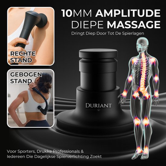 Zwart massagepistool met een ronde kop, afgebeeld in de hand en op de rug. Anatomische weergave van het skelet.