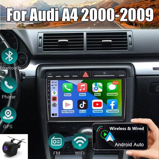 Autoradio-7-inch autoradio met CarPlay GPS-navigatie, compatibel met Audi A4 2000-2009, Android 14.