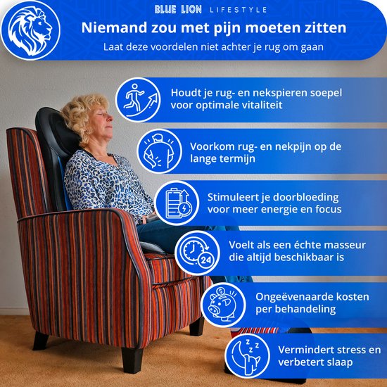 Vrouw zit ontspannen in een fauteuil, met iconen die de voordelen van het massagekussen uitleggen.