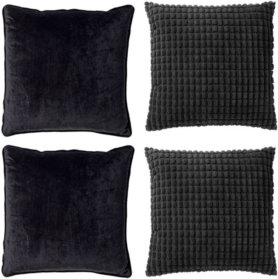 Dutch Decor - Set de 4 coussins décoratifs - Essentials - corbeau - noir - 45x45 cm - Finn & Rome - y compris coussins intérieurs - velours