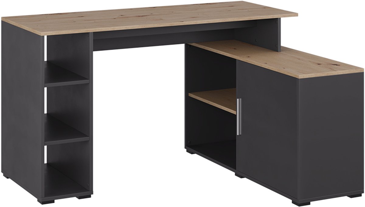 Vicco Rudy Hoekbureau – 135 x 110 cm met planken Antraciet/Artisan Antraciet/Artisanaal eiken