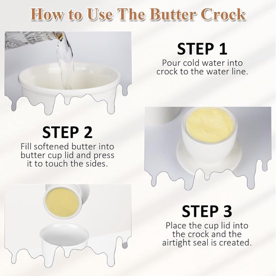 YHNDECO French Butter Dish, Ceramic Butter Dish, Butterdish, Water Cooled, Ceramic Butter Bell for Freshness and Spreadable Butter(White) — afbeelding 2