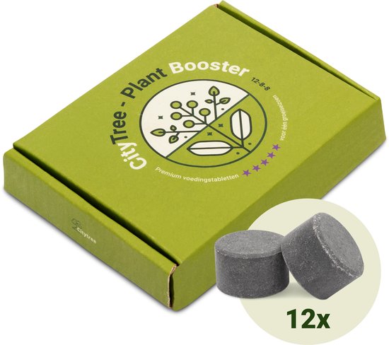Groene kartonnen doos 'CityTree Plant Booster' met logo en 12x vermeld. Twee donkergrijze tabletten ernaast.