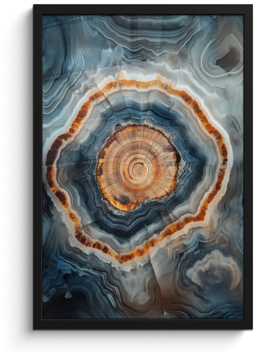 FrameYourWall Poster in lijst - Fotolijst 40x60 cm - Posters - Cirkel - Ringen - Steen - Tinten - Posterlijst zwart - Decoratie - Wanddecoratie woonkamer - Muurdecoratie slaapkamer