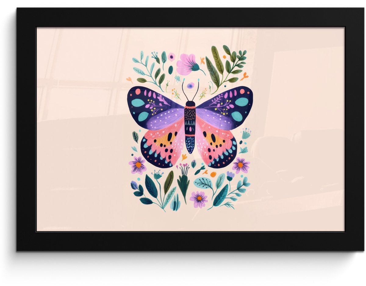 FrameYourWall Poster in lijst - Fotolijst 30x20 cm - Posters - Bloemen - Bladeren - Vlinder - Kleurrijk - Posterlijst zwart - Decoratie - Wanddecoratie woonkamer - Muurdecoratie slaapkamer Vlinder - Bloemen