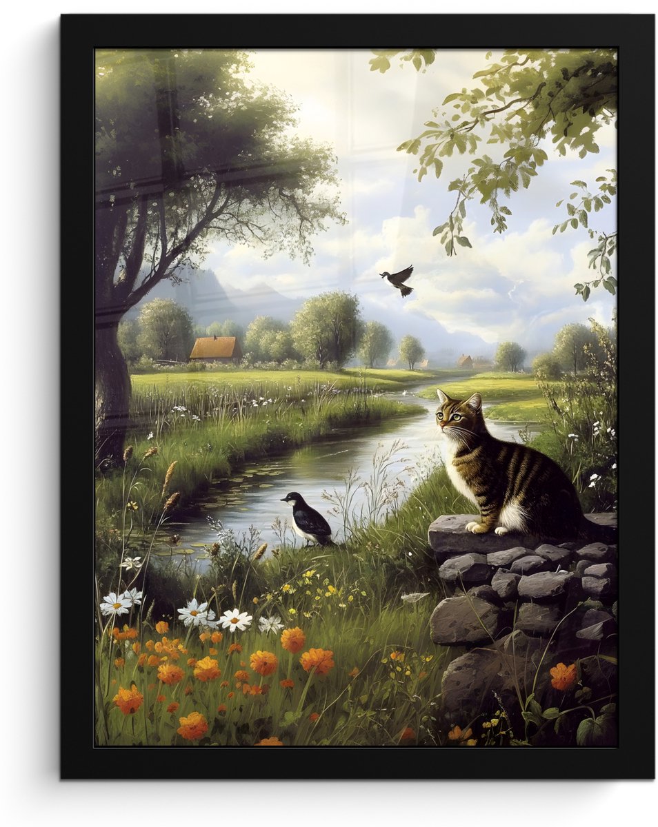 FrameYourWall Poster in lijst - Fotolijst 30x40 cm - Posters - Kat - Beekje - Weide - Posterlijst zwart - Decoratie - Wanddecoratie woonkamer - Muurdecoratie slaapkamer Kat - Natuur